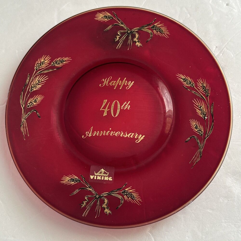 Vintage Viking Ruby Red Glass 40th Anniversary Plate With Floral Overlay‎ 8"